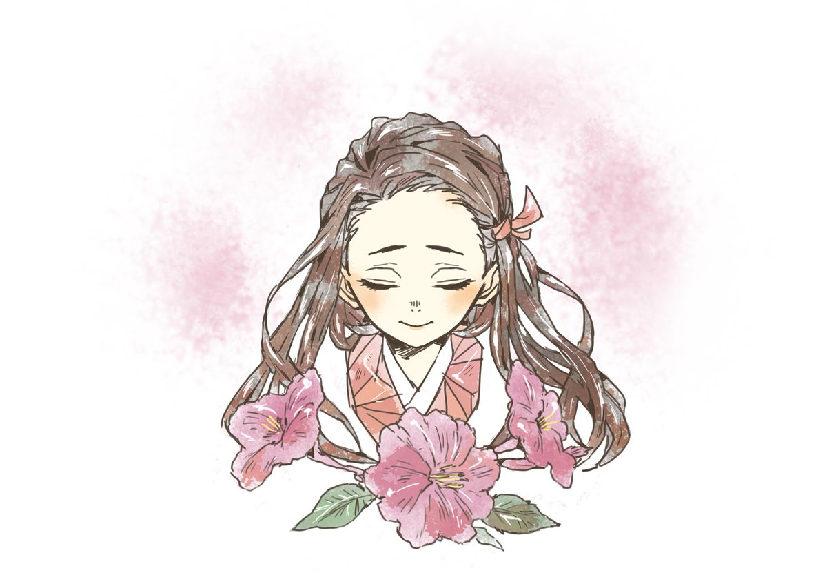 kamado nezuko 1girl solo closed eyes flower long hair ribbon japanese clothes  illustration images