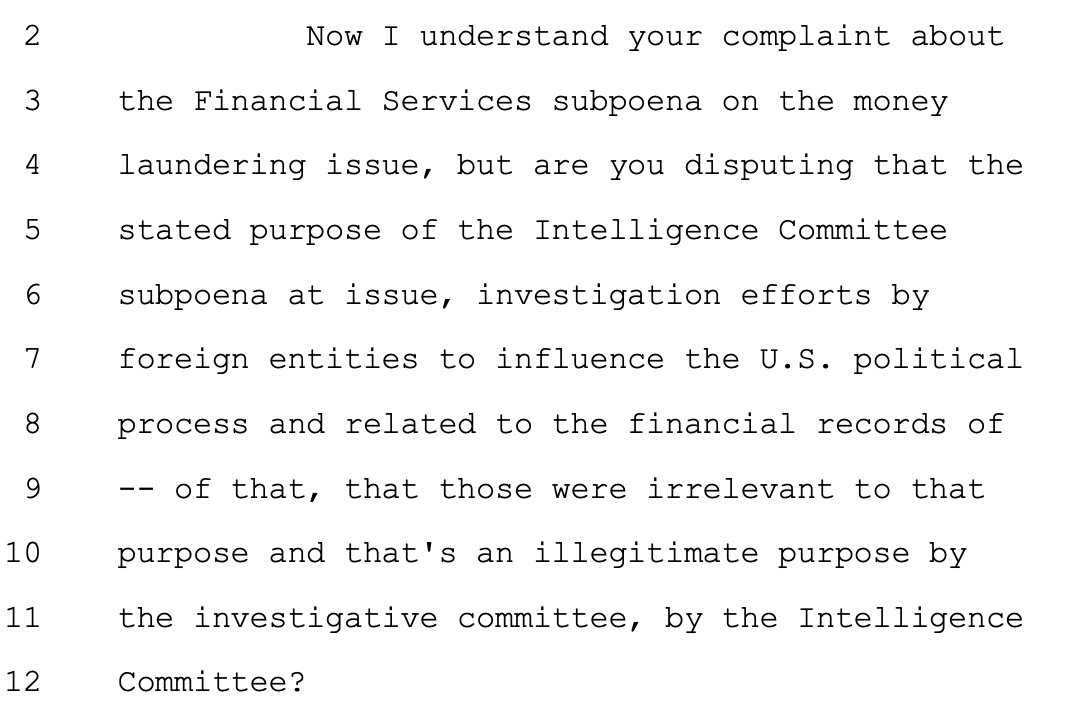 Some of these subpoenas may have a more pressing justification than others: a more "substantial legislative purpose," as one version of the test goes. Justice Sotomayor suggested in the oral argument, for example, that the Intelligence subpoenas may be the most unassailable: