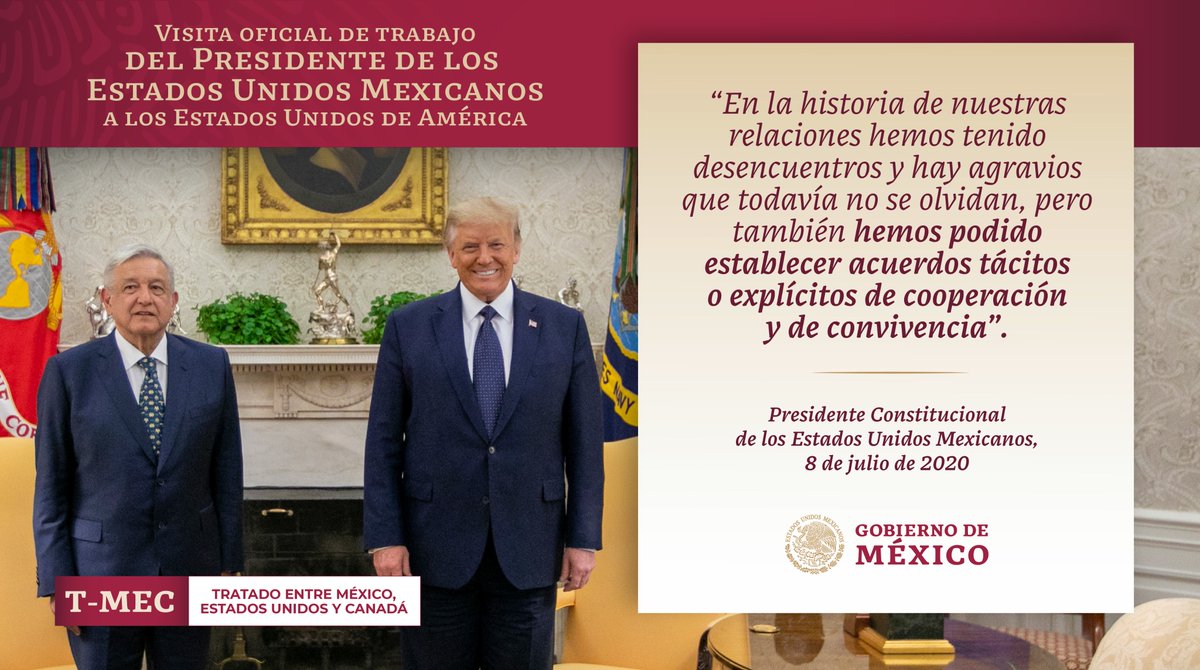 'En la historia de nuestras relaciones hemos tenido desencuentros y hay agravios que todavía no se olvidan, pero también hemos podido establecer acuerdos tácitos o explícitos de cooperación y de convivencia', afirmó el presidente @lopezobrador_.

#VisitaWashington 
#InicioTMEC