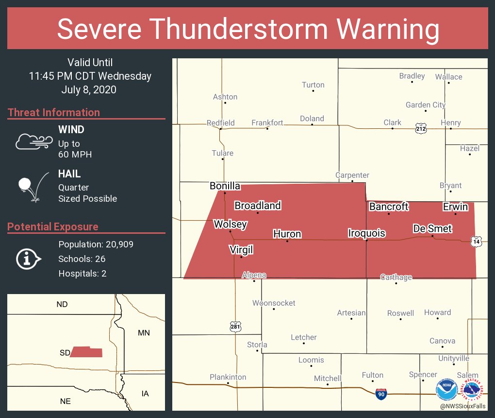 Severe Thunderstorm Warning including Huron SD, De Smet SD, Lake