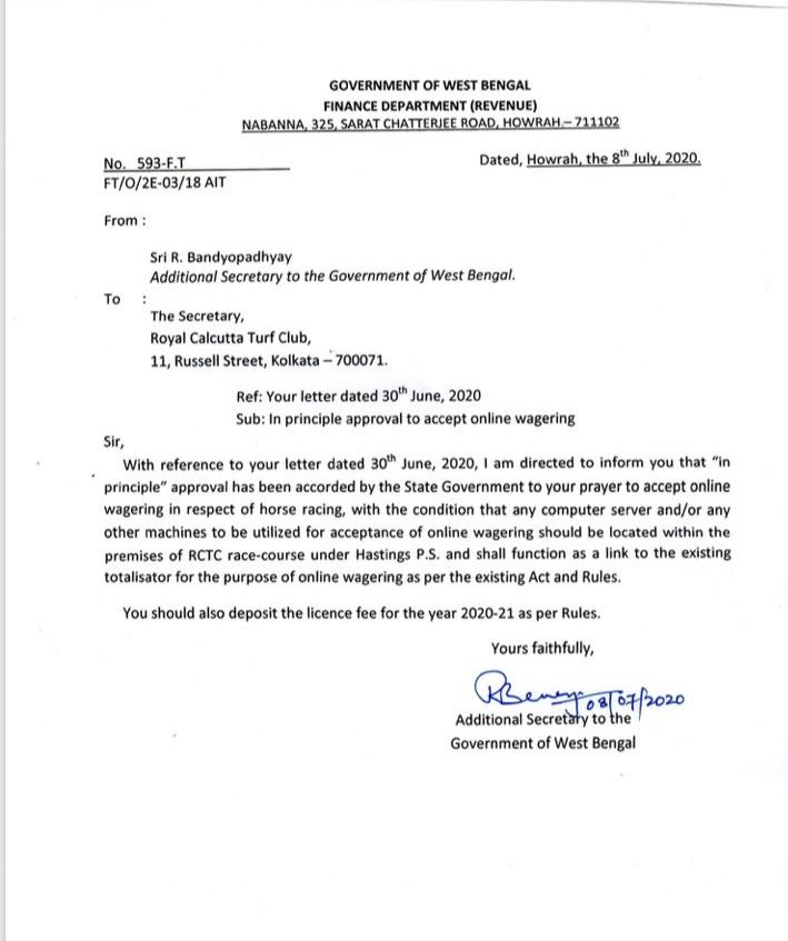 indiaracedotcom's tweet photo. Principal approval to online betting by Kolkata Govt to @RctcTurf. https://t.co/ZuX8uruFCe