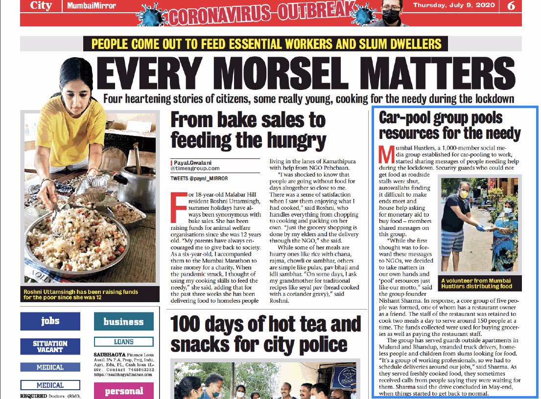 HustlerzMumbai's tweet photo. We were featured in today’s Mumbai Mirror for the Annadata Sukhi Bhava initiative that we did as a group to serve the needy. Thanks to all the people who generously donated and volunteered for this great cause.

#covid19
#helpneedy
#socialcause
#itscooltopool https://t.co/8lpH65uNSW