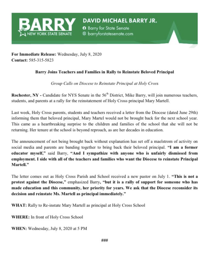 BarryforNY56's tweet photo. So proud to join parents, students and teachers at rally to reinstate Holy Cross Principal Martell on Wednesday! #bringbackmary https://t.co/COHrs1I8wy
