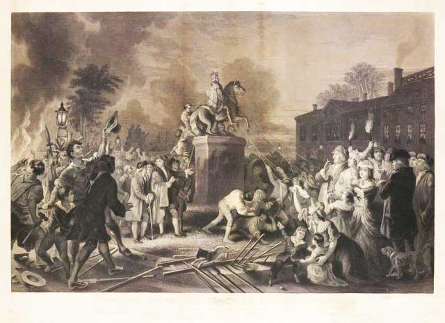 On this day in 1776 Samuel Adams's Sons of Liberty pulled down the statue of King George in lower Manhattan.