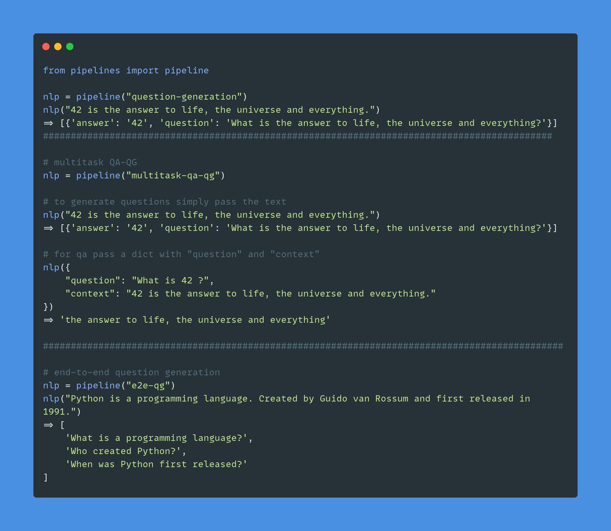 psuraj28's tweet photo. Happy to release my first open source project , Question generation using @huggingface 🤗transformers. https://t.co/9UpWfMHJ61
