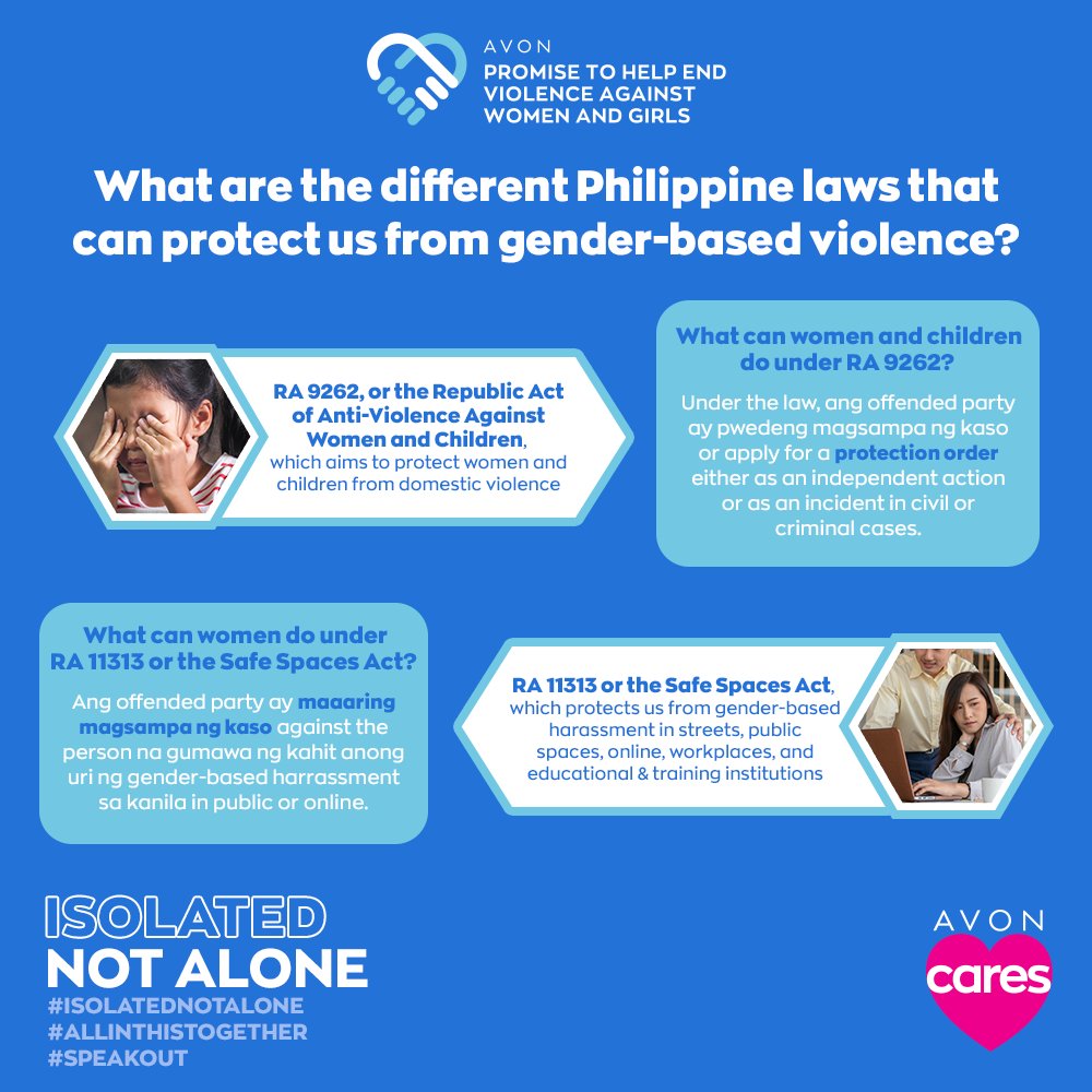 AvonPH's tweet photo. Learn more about the different laws that aim to protect us from gender-based violence. #IsolatedButNotAlone

Share this post to spread the word! #AvonCares https://t.co/MDNqBIJdQa