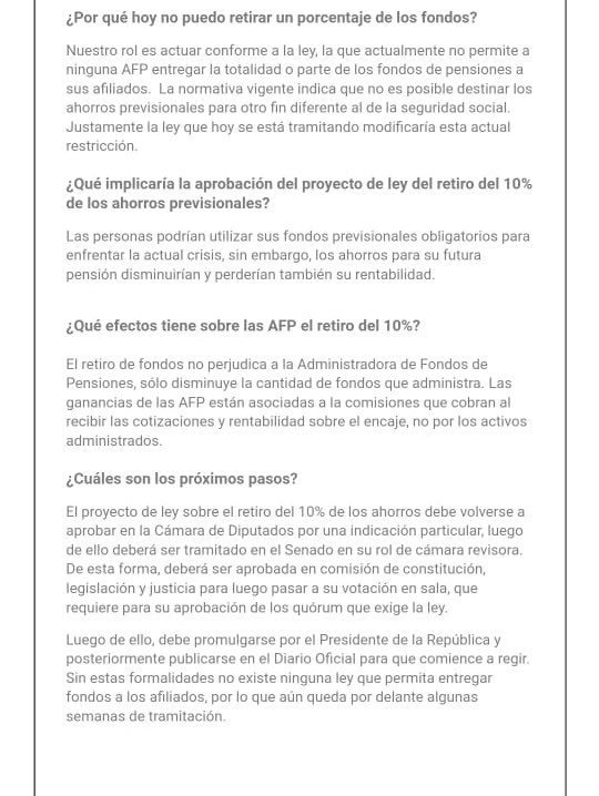 AFP Capital envía carta a afiliados advirtiendo que tramitación de proyecto que autoriza retiro de 10% de fondos demorará “algunas semanas” más, antes de las cuales no podrán entregarlos. 1/2
