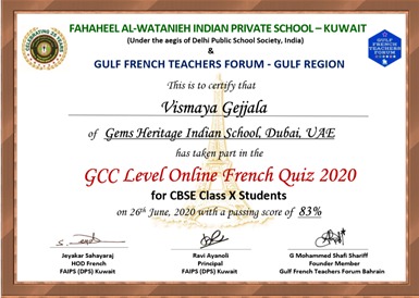 GEMS Heritage School (@gemsheritagesch) on Twitter photo Our students Jessica, Vismaya & Eric participated in the GCC Level Online French Quiz 2020 & came back with 1st, 2nd & 3rd positions respectively in our school. Well done students & a big shout out to our French teacher Ms. Jasmine! <a href="/KHDA/">KHDA | هيئة المعرفة والتنمية البشرية بدبي</a> <a href="/GEMS_ME/">GEMS Education</a> @MOEducationUAE @KAPILKKR Our students Jessica, Vismaya & Eric participated in the GCC Level Online French Quiz 2020 & came back with 1st, 2nd & 3rd positions respectively in our school. Well done students & a big shout out to our French teacher Ms. Jasmine! <a href="/KHDA/">KHDA | هيئة المعرفة والتنمية البشرية بدبي</a> <a href="/GEMS_ME/">GEMS Education</a> @MOEducationUAE @KAPILKKR