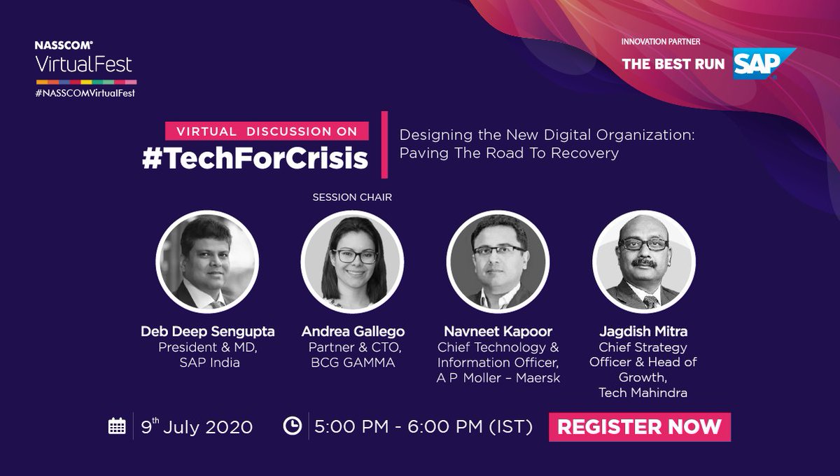 NasscomEvents's tweet photo. Streaming live at 5 PM today!
Catch Industry leaders discuss on ‘Designing the New Digital Organization: Paving The Road To Recovery’ at #NASSCOMVirtualFest's next session. 
Innovation partner: @SAPIndia
July 9 | 5PM (IST)
Register https://t.co/9AOAUOjI2T https://t.co/xNTthBxko4