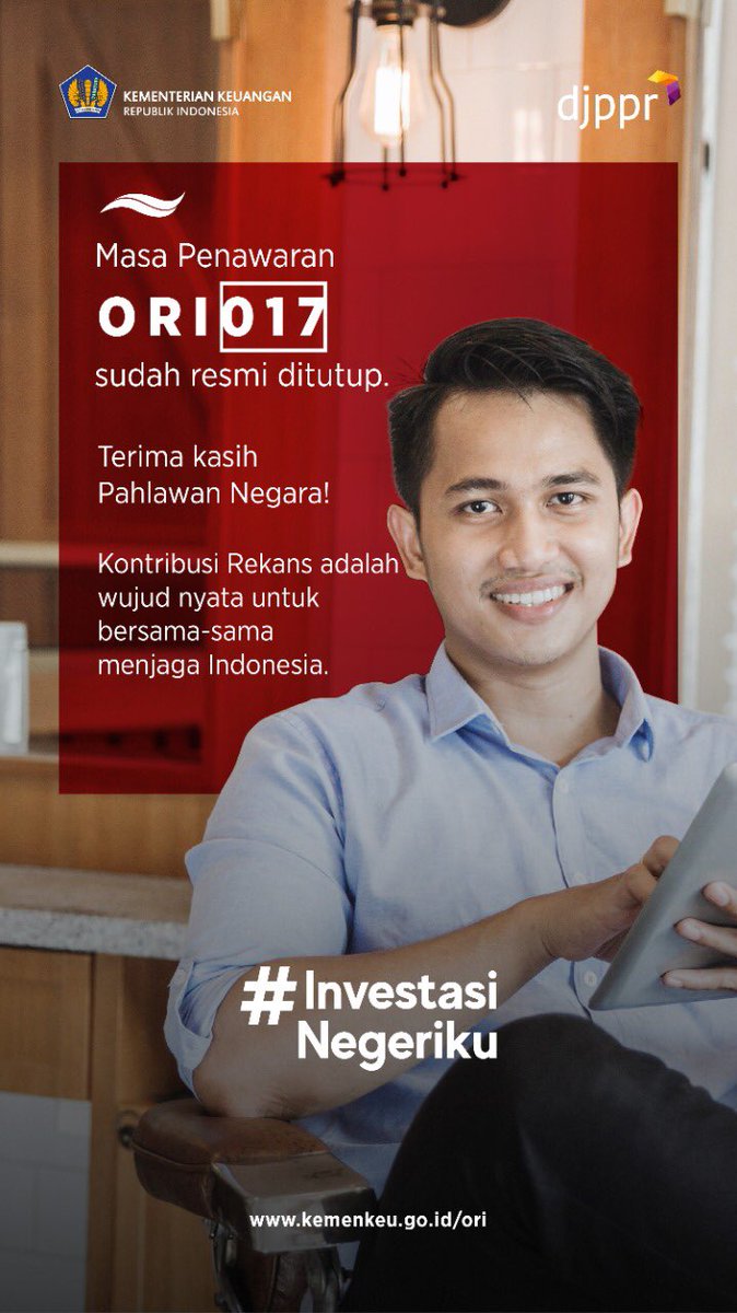 ItjenKemenkeu's tweet photo. Masa penawaran #ORI017 sudah resmi ditutup pukul 10 pagi ini
Terima kasih para Pahlawan Negara untuk kontribusinya membangun Indonesia๐ฎ๐ฉ https://t.co/z4awWuyi7a