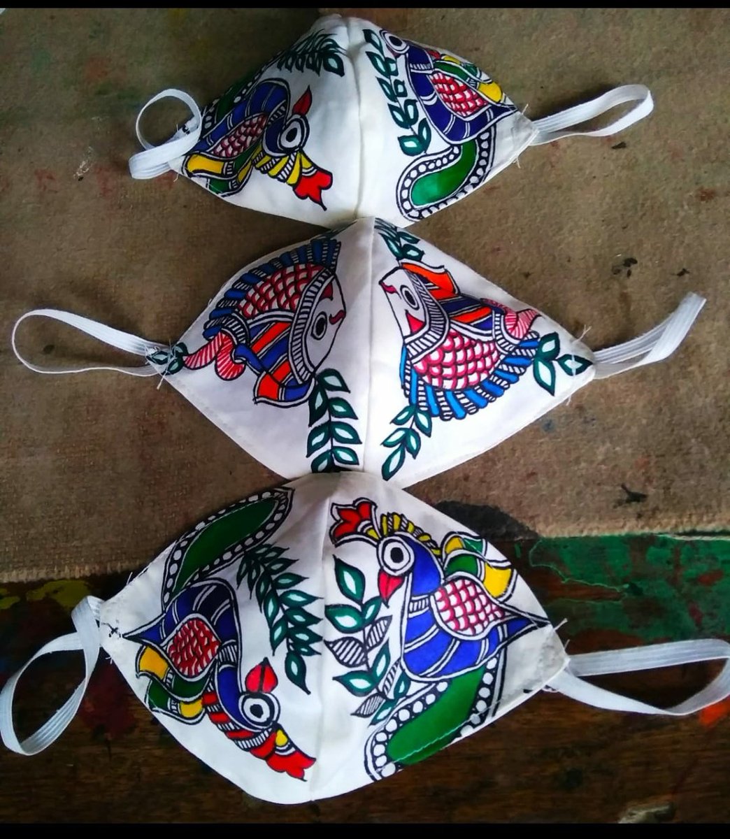 amitrajk's tweet image. One poor Madhubani painter in Bihar has made these masks. He says that he can send by courier and each three layered cotton mask costs ₹50. Please see if you can spread the word around and help. He can be contacted at 9899429912 - Raman Kumar Mishra! Please RT!