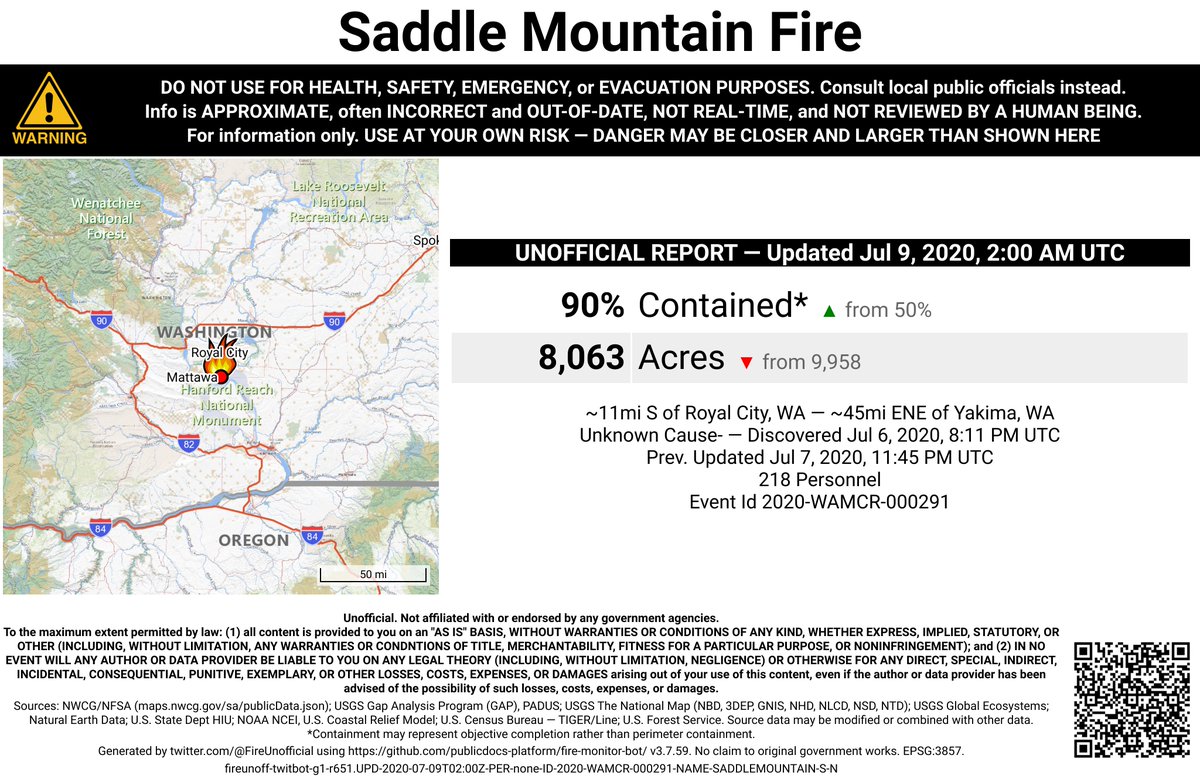 PacNWFireBot's tweet photo. #SaddleMountainFire 🔥 unofficial, automated update.
~11mi S of Royal City, WA. ⚠️ DO NOT USE FOR SAFETY PURPOSES - See officials instead. May be incorrect; disclaimers in images. https://t.co/uoESKqQMsS