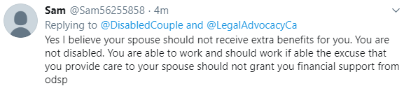 We got another one this time someone on #ODSP who think Spouses should be Punished if they are not #PWD<a href="/tag/odsp"class="tags">#ODSP</a><a href="/tag/pwd"class="tags"><span>#pwd</span></a>