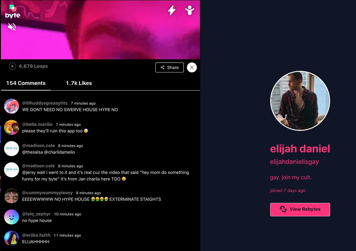zzxiv's tweet photo. Gen Z and their cult leaders will save –– or doom –– us all.
elijah, a self-proclaimed professional troll, is presidential at instigating drama.
there seems to be a two-front culture war with elijah rallying support behind the #alttiktok #altbyte #gay tags https://t.co/KyfNOrwRxd