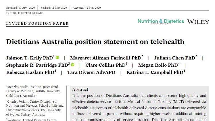 Proud contributor to #Telehealth Position Statement @dietitiansau 
Thanks @GregHuntMP New MBS telehealth scheme means #APDs can deliver best nutrition care via #technology @DrMeganRollo 

onlinelibrary.wiley.com/doi/full/10.11…