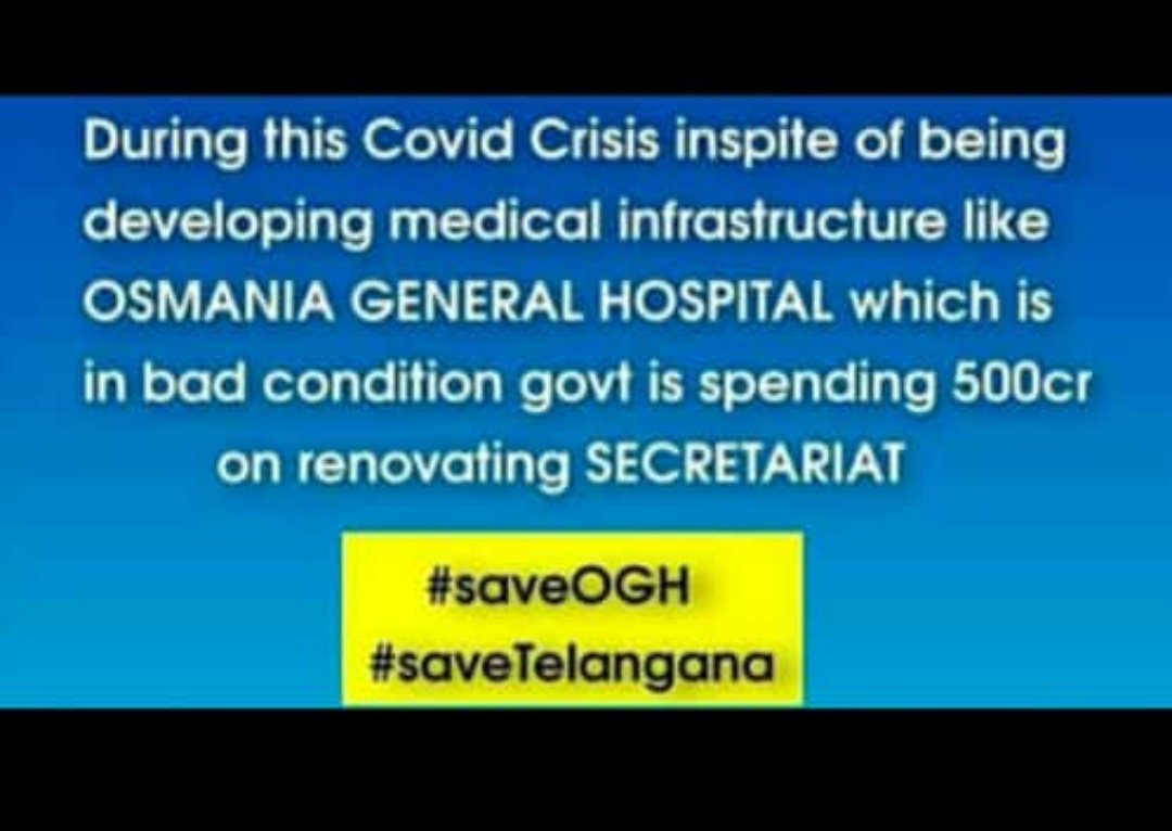 FrentzTeja's tweet image. Sir, Osmania general hospital built at 1910 ..it has finished more than 109 years... New Secretariat is good thing..But New OGH building is required more than New Secretariat in this situation for better health care to people.we demanding it for last 10 years #saveOGH @KTRTRS