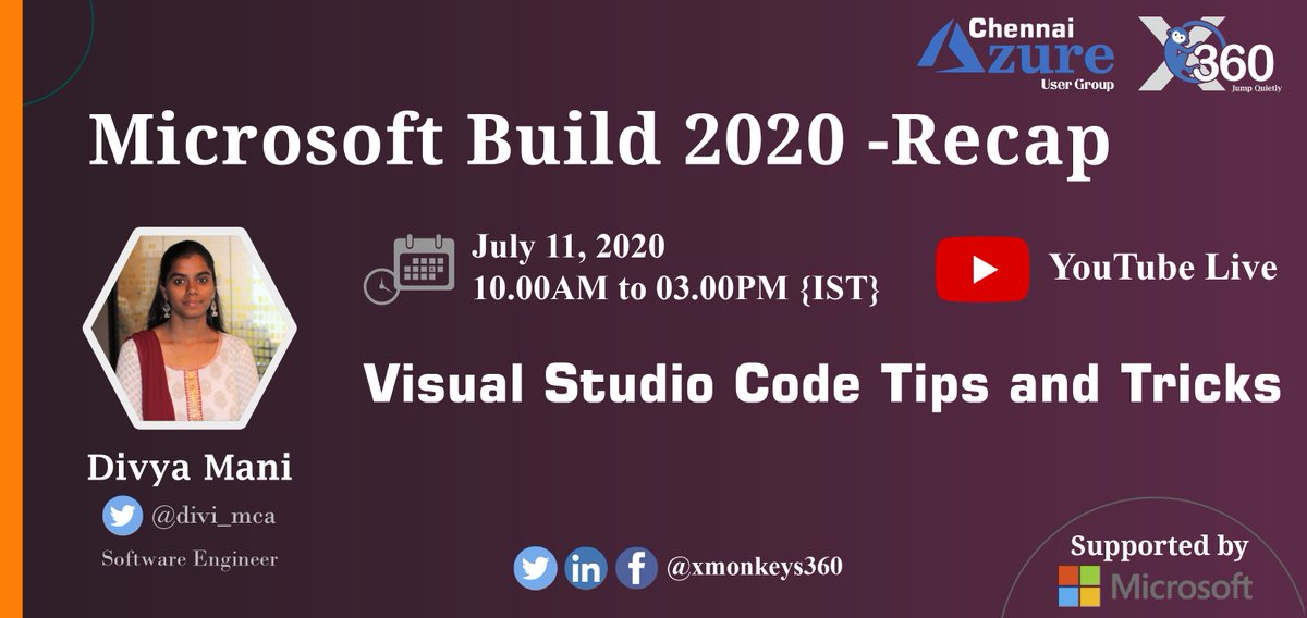 XMonkeys360's tweet photo. Session on "𝐕𝐢𝐬𝐮𝐚𝐥 𝐒𝐭𝐮𝐝𝐢𝐨 𝐂𝐨𝐝𝐞 𝐓𝐢𝐩𝐬 𝐚𝐧𝐝 𝐓𝐫𝐢𝐜𝐤𝐬" by @divi_mca @"𝐌𝐢𝐜𝐫𝐨𝐬𝐨𝐟𝐭 𝐁𝐮𝐢𝐥𝐝 𝟐𝟎𝟐𝟎 - 𝐑𝐞𝐜𝐚𝐩" on the 𝟏𝟏𝐭𝐡 𝐨𝐟 𝐉𝐮𝐥𝐲 𝟐𝟎𝟐𝟎.

Register here: https://t.co/RrgPjqvdIV

#msbuild2020 #xmonkeys360 #microsoftazureusergroup https://t.co/Z5YsjhEERe