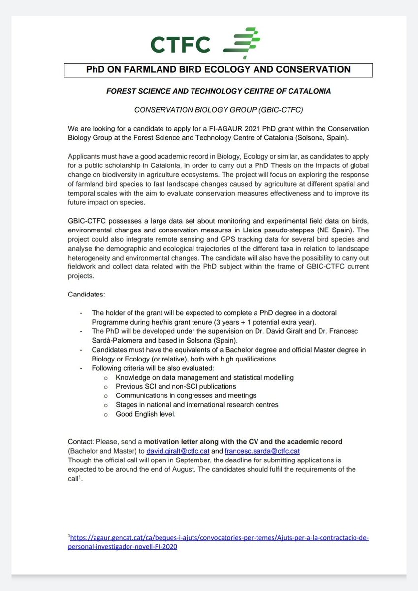 .@GBiC_CTF is looking for a new PhD student on Farmland Bird Ecology and Conservation 🔍We are looking for a candidate to apply for a FI-AGAUR 2021 PhD grant within the Conservation Biology Group at the Forest Science and Technology Centre of Catalonia (@ctforestal) ⬇️
