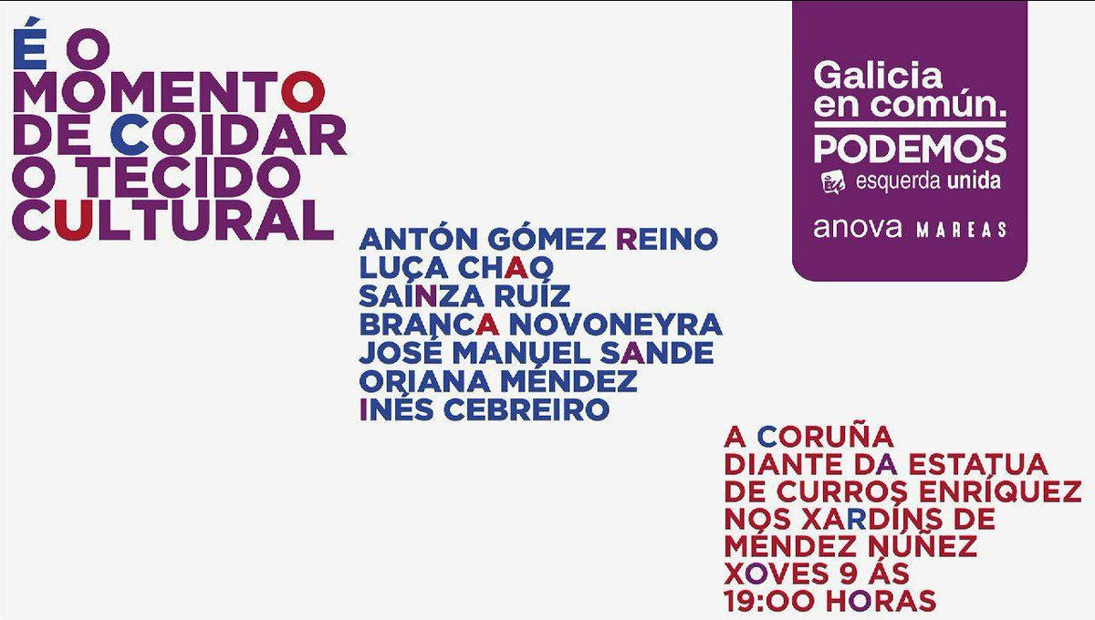 #ÉoMomento de defender a nosa cultura. 
Hoxe, ás 19h, falámolo con:
🌊 <a href="/iCebreiroLopez/">Inés Cebreiro López</a> 
🌊 <a href="/Orianamenendez/">oriana</a>
🌊 @JMSande
🌊 <a href="/BrancaNovoneyra/">Branca Novoneyra</a>
🌊 @SainzaRu
🌊 @LucaChao_
🌊 E <a href="/AntonGomezReino/">Antón Gómez-Reino Varela</a>
