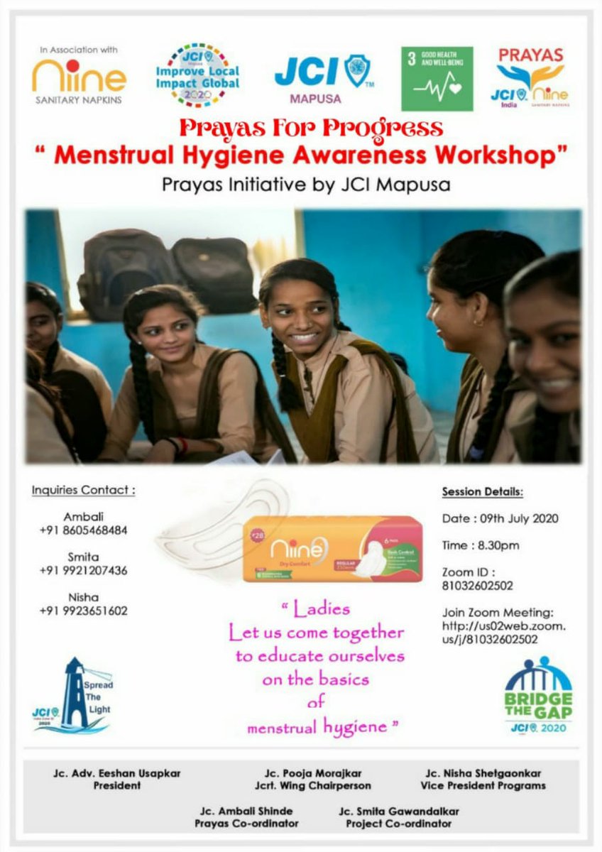 JciMapusa's tweet photo. ⭐ ⭐ JCI MAPUSA ⭐ ⭐
💃🏻 PrayasForProgress💃🏻
As part of the Prayas Initiative and JCI MAPUSA's Prayas For Progress we are coming up with an interesting session on Menstrual Hygiene Awareness💃

Date : 9th July 2020
Time : 08.30 pm

Zoom Meeting Link
https://t.co/d3hbKxBuvL https://t.co/9HvxhlkIyc