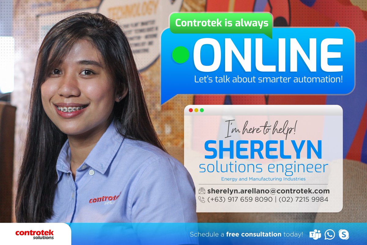 Controtek's tweet photo. Controtek Solutions is #AlwaysOnline! 💬

Energy and Manufacturing industries? #Sherelyn is here to help! Book a free online consultation today and let's take your business from being an #AutomationZero to #AutomationHERO! 🦸 https://t.co/p1DhMUMxkX