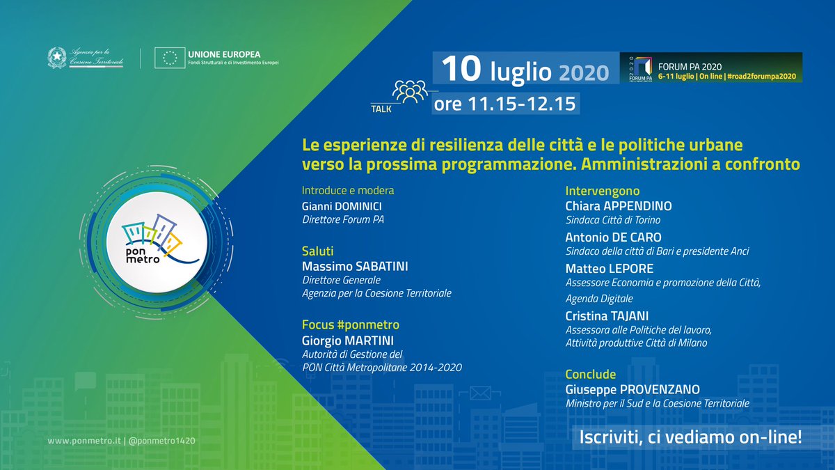 pnmetroplus's tweet photo. Parleremo di #resilienza e di #politicheurbane verso il nuovo ciclo di #programmazione con @c_appendino @Antonio_Decaro @matteolepore @cristajani @peppeprovenzano #talk ♦️10 luglio h11.15-12.15  #FORUMPA2020 @EuropeDirectTO @Twiperbole @ComuneMI  @AgenziaCoesione @giorgio_martini https://t.co/qQ2fhRiROu