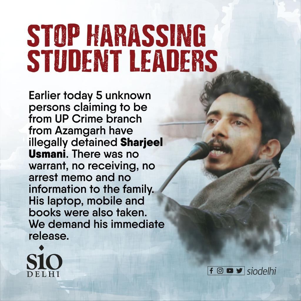 MoizRazaShaikh's tweet photo. Sharjeel Usmani has been illegally picked up by 5 unknown persons in the evening today from Azamgarh.
There was no arrest warrant and no information has been given to his family. His books and laptop and other personal belongings have also been taken.

#ReleaseSharjeelUsmani https://t.co/hY4IeXUZ5Y