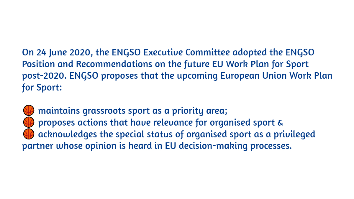 ENGSOsport's tweet photo. Later in 2020, the ministers of EU Member States responsible for sport are foreseen to adopt a Resolution on the EU Work Plan for Sport, guiding the EU sports policy in the coming few years. 

Read more on the topic, including the full Position Paper https://t.co/rYh9TUyAbj https://t.co/KhaVbZlspO
