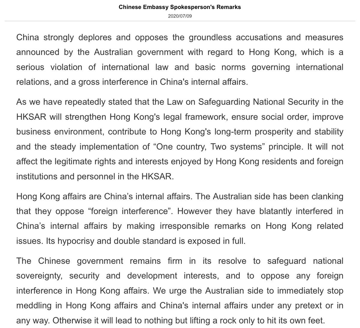  #China’s embassy in  #Canberra “strongly deplores and opposes the groundless accusations and measures announced by the Australian government with regard to  #HongKong, which is a serious violation of international law and basic norms governing”  #auspol  @SBSNews