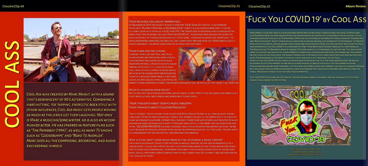 CoolAssPR's tweet photo. Congratulations to @coolassmarc for getting a super great review in Clouzine magazine for his new song "Fuck You COVID-19," and what a great interview!!! https://t.co/BD4bxRuT3C #reviews #musicreview #clouzinemagazine #greatmagazine #magazine #magazinereview #newsongs #reviews https://t.co/Ete91uUqRS