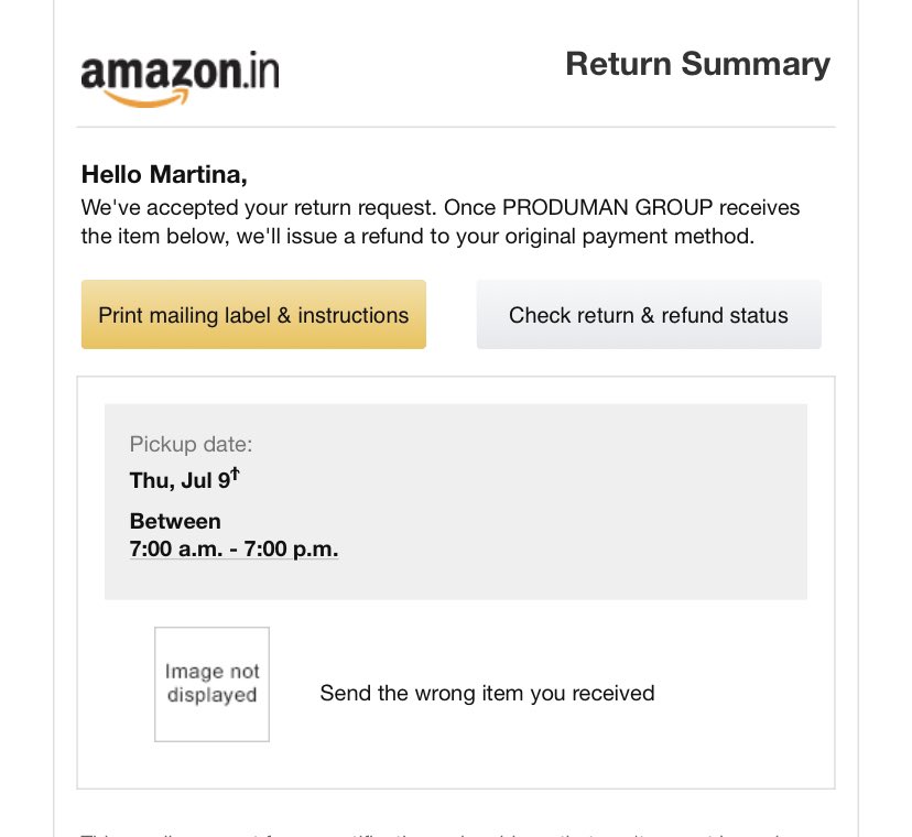 martiniiiiiii's tweet photo. This was the mail sent to me yesterday by the super inefficient @amazonIN team and for the third day they’ve rejected the pick up saying PRODUCT MISMATCH. 
The correct product was never delivered to @ZainAnwarr so what about the mismatch there from your end @amazonIN ? https://t.co/Aqkpz3UP58