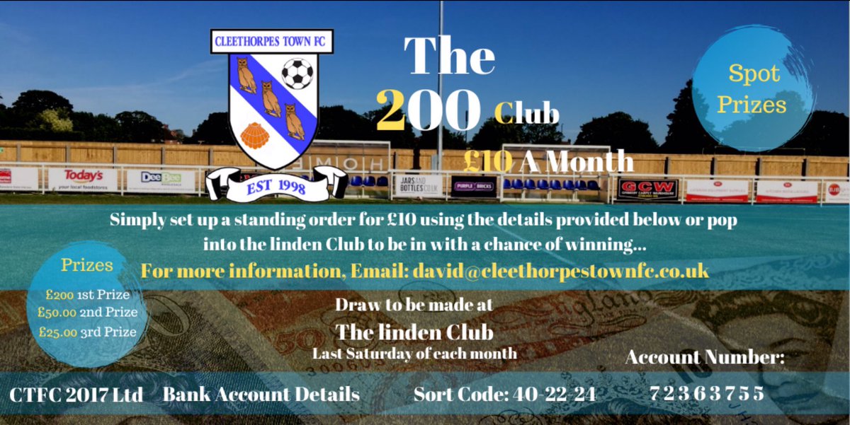CleeTownFC's tweet photo. 5 cash prizes for this months 200 club plus a special spot prize! Draw to be made on the last day of the month live on Facebook 6.30pm - join up today and get involved with your local non league club! #Cleethorpes #Grimsby #owls #NonLeague https://t.co/zdtBTj6ngi