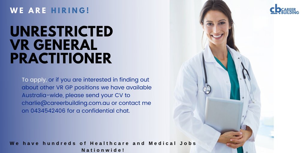 Calling all Unrestricted VR General Practitioners! 👨‍⚕️👩‍⚕️

You may visit our website to apply 👉 bit.ly/3dZm5st

#medicaljobsaustralia #jobsinaustralia #australiandoctors #generalpractitionerjob #gpinaustrailia #doctorsinaustralia #jobhiring #careerbuilding
