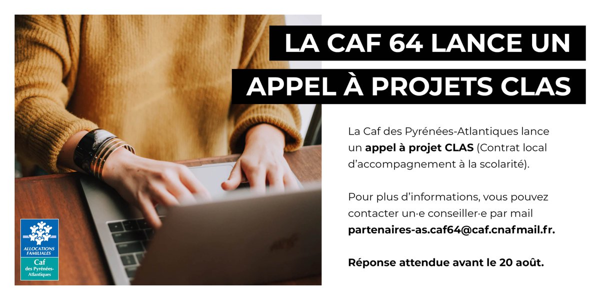 Caf64_actus's tweet photo. | APPEL A PROJETS | La @Caf64_actus lance un appel à projet #CLAS (Contrat local d’accompagnement à la scolarité).
 
👉Pour plus d’informations, vous pouvez contacter un·e conseiller·e par mail : partenaires-as.caf64@caf.cnafmail.fr. 

🗓️Réponse attendue avant le 20 août. https://t.co/EEsyHjbMAL