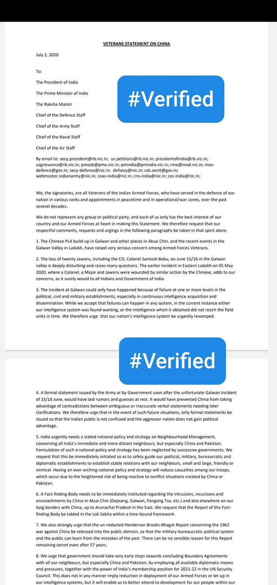  #VERIFIED  VERY IMPORTANTGroup of 144 Armed Forces Veterans have signed a 'Statement on China' sent to PM Modi, Raksha Mantri, CDS & the Chiefs of the Army, Navy & IAFStatement was sent to the above on July 2nd. Now accessed, it's raises concerns & imp questions1/4