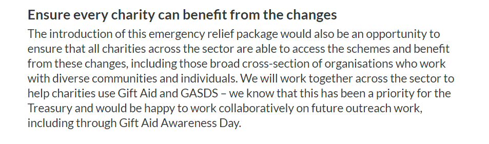 The  #GiftAidRelief campaign does recognise that not all small charities make use of  #GiftAid, so the proposal also makes suggested changes to the  #GiftAidSmallDonationsScheme as well as promoting outreach work to promote awareness of Gift Aid  #tickthebox 5/