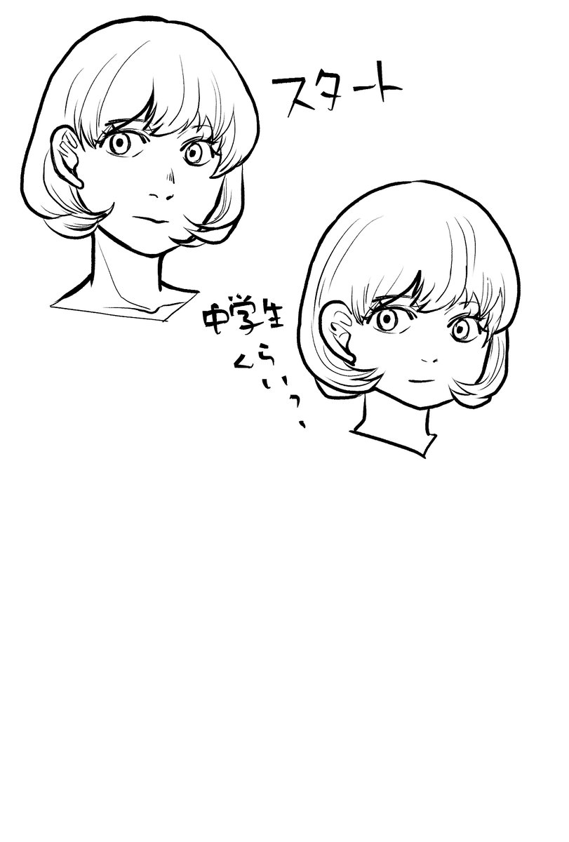 同じ人物の年代別描き分け。

頭:顔の比率を触るって首を細くしてハナを小さくして…とすると幼くなるやつですね。 