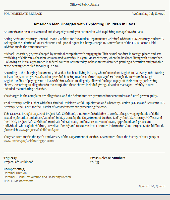  #Justice BOSTONSMILE FOUNDER CHARGED W/Exploiting Boys In Laos [alleged] trading rent for sexual favors Michael Sebastian SMILE, Supporting Monks In Learning English #ChildPredator  #ChildSexTrafficking #Rabbitt  #Lelling @POTUS  @TraffickStop  https://tinyurl.com/y929txb4&nbsp;