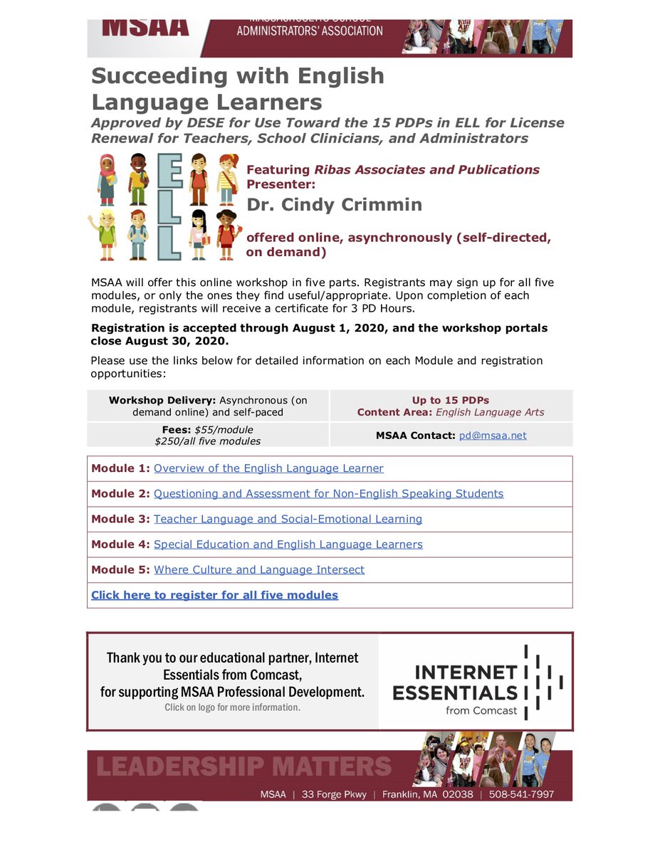 MSAA Online PD: Succeeding w/English Language Learners.

Approved by DESE for 15 PDPs in ELL for License Renewal for Teachers, School Clinicians, and Administrators, Asynchronous ONLINE now through 8/30 tinyurl.com/y8rnu2jj

This PD is sponsored by Comcast Internet Essentials