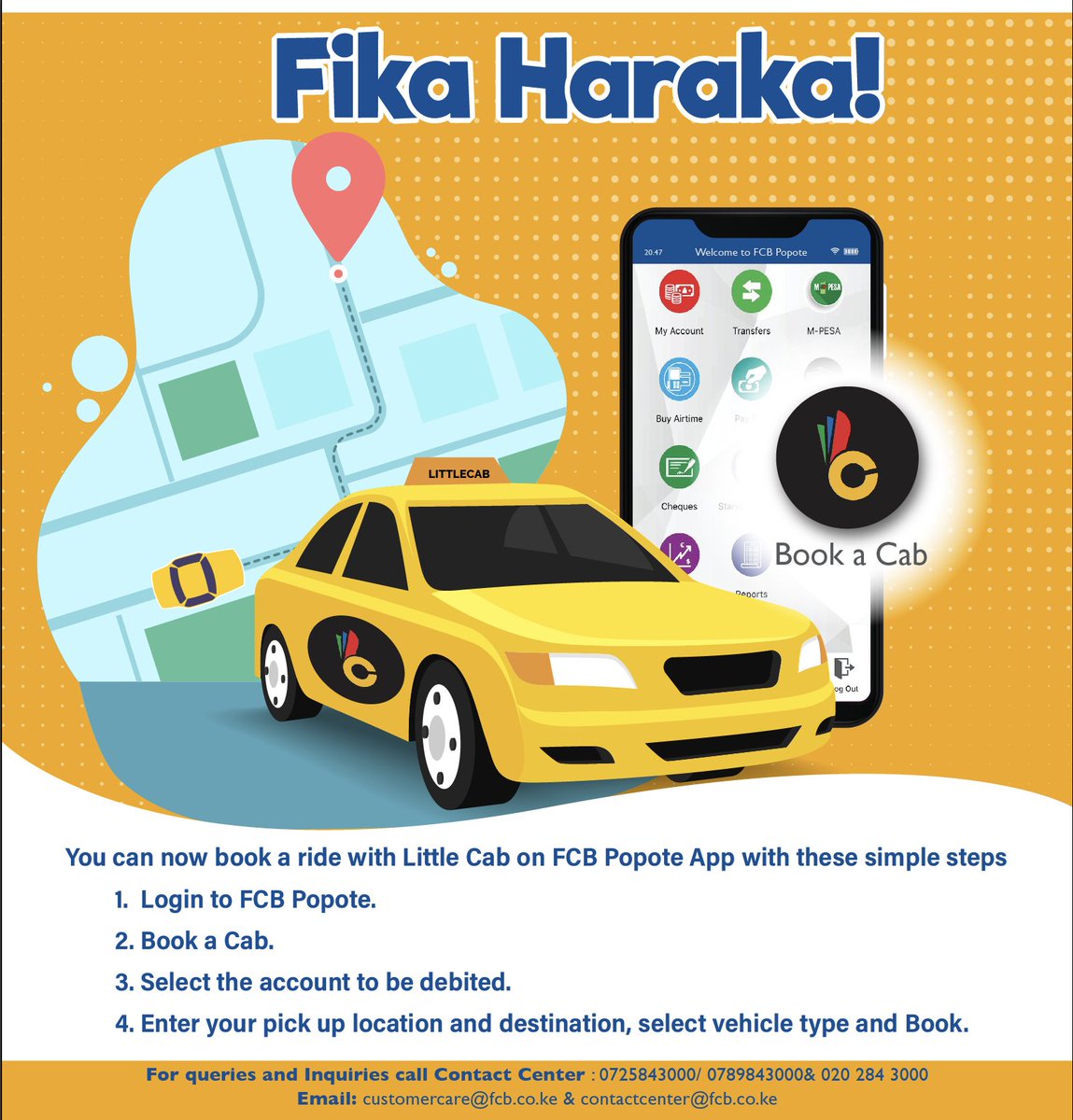 premierbank_ke's tweet photo. Look no further, you can now book a ride with Little Cab on FCB Popote App. Login to FCB Popote, Book a Cab, select the account to be debited, enter your pick up location and destination, select vehicle type and Book. #FCBcares #FCBforALL https://t.co/iQsbMqq5UC