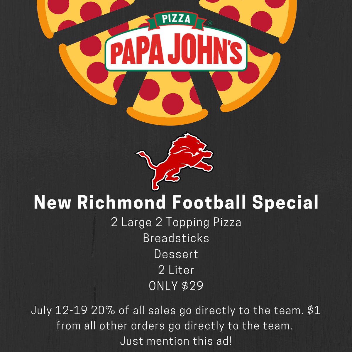 Please support the New Richmond football program by eating at NR’s local Papa John’s any time from July 12th-19th!  We have an excellent family meal deal ready for your crew. 
#RollPride #DoWork