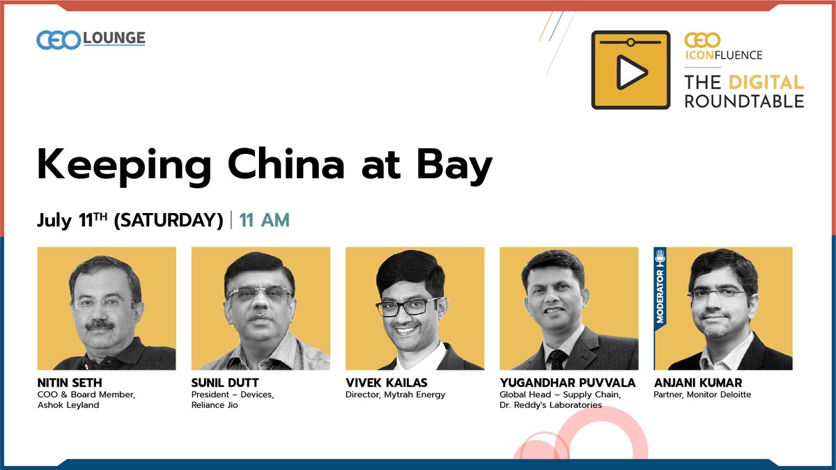Can we loosen the Chinese noose around the Indian economy? Let's find out what Nitin Seth <a href="/DuttsSunil/">Sunil Dutt</a> Vivek Kailas Yugandhar Puvvala &amp; Anjani Kumar have to say. With <a href="/deepakceolounge/">Deepak Yadav</a> <a href="/HariGovindNair/">Hari Govind Nair</a> <a href="/ALIndiaOfficial/">Ashok Leyland</a> <a href="/reliancejio/">Reliance Jio</a> <a href="/drreddys/">Dr. Reddy’s Laboratories Ltd</a> <a href="/MytrahEnergy/">Mytrah Energy</a>  bit.ly/3e7bYSA