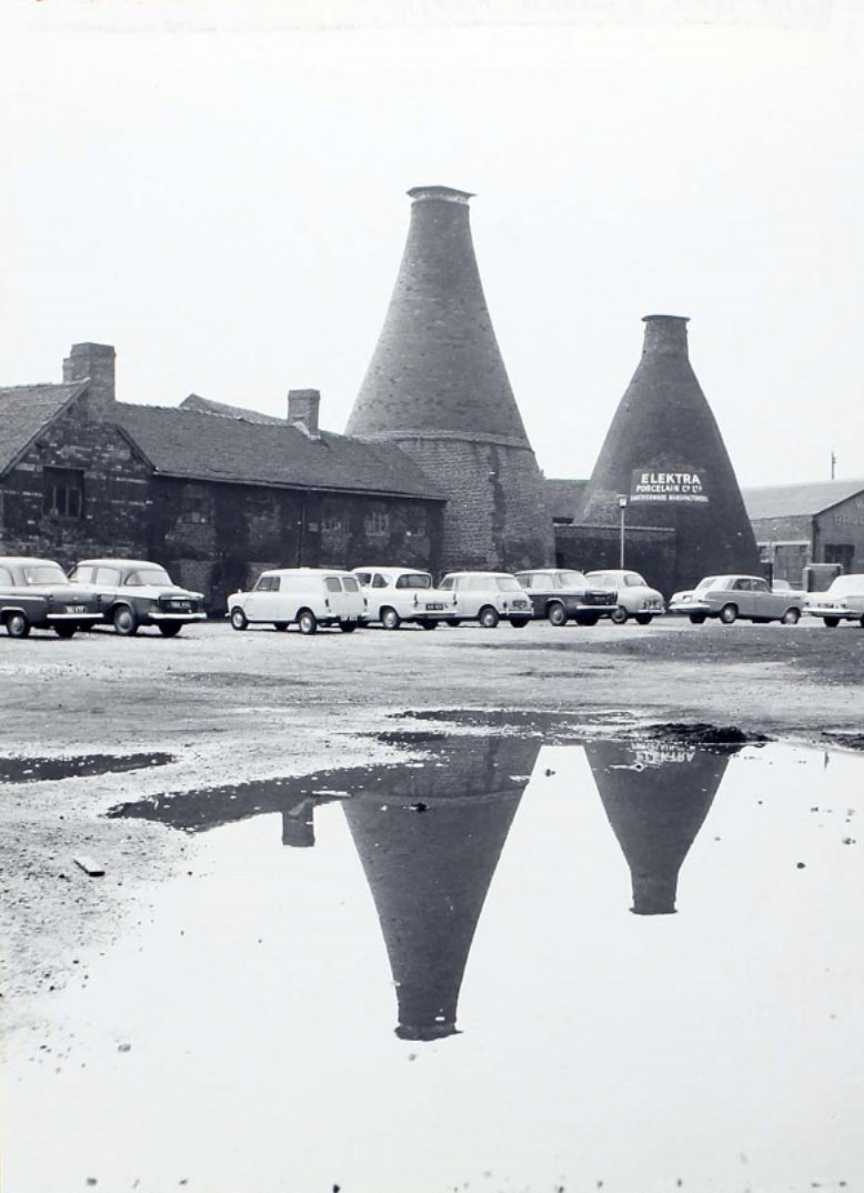 2. The industrial landscape of Stoke on Trent. In the 1950s there were as many as 2000 bottle kilns, today only 47. Aerial view ironically juxtaposed to Oxford in W.G. Hoskin's guide, but bottle kilns must have made weird & wonderful townscape. Also, the winding gear at Shelton.