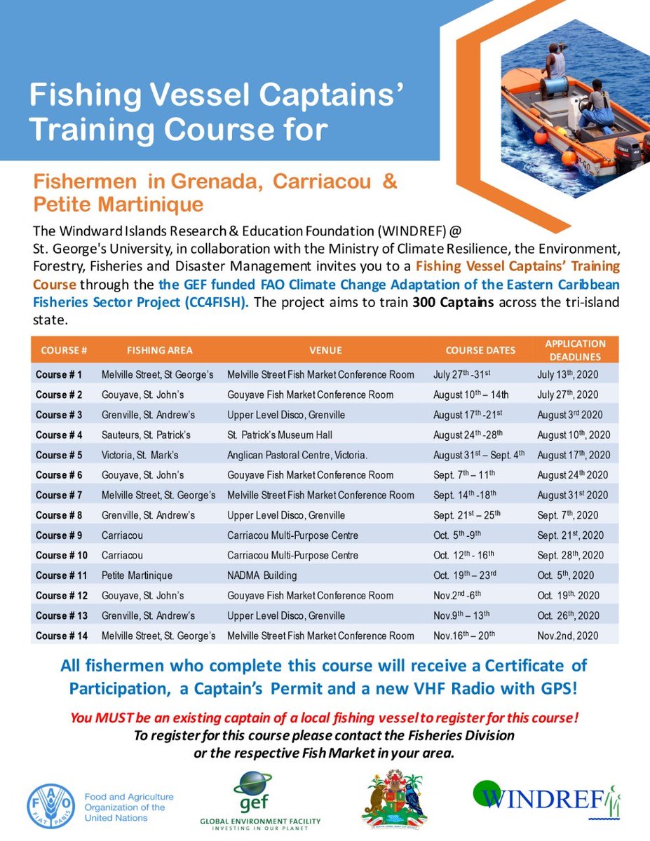 FAOCaribbean's tweet photo. Under #GEF funded #FAO #CC4FISH Project and in partnership with #WINDREF presents a great opportunity for a Fishing Vessel Captains Training Course for 300 boat captains 🚣in Grenada🇬🇩! Check out the details and get hooked up soon 🎣!
@UNBdosandOECS https://t.co/uarnedC5or