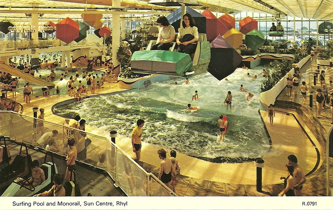 3. Rhyl Suncentre, by Gillinson Barnett & Partners, (opened 1980) had the world’s only internal rooftop monorail, electronically controlled boats for children, & an artificial surfing pool. Early leisure centres disappearing so there may be none left. This was demolished in 2016.