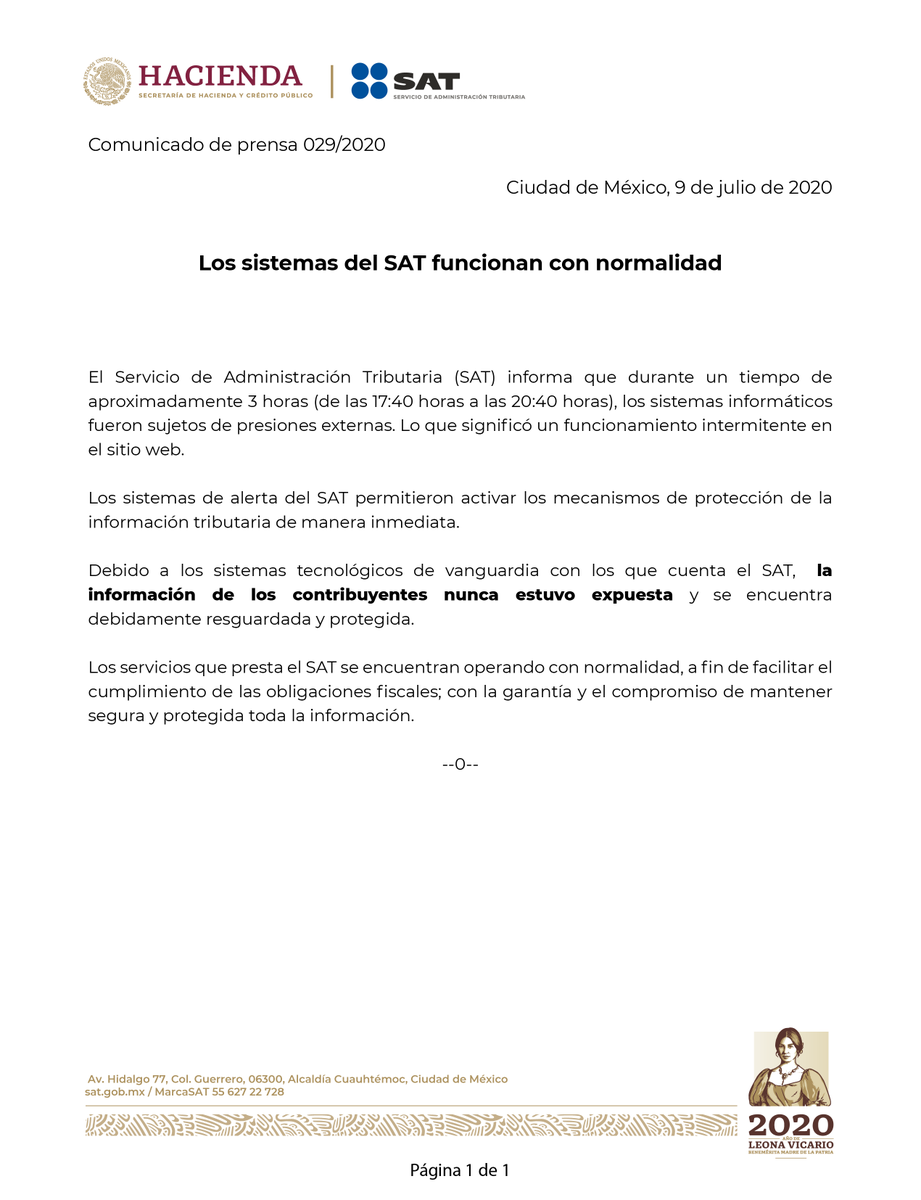 SATMX's tweet photo. #ComunicadoSAT

Los sistemas del SAT funcionan con normalidad. https://t.co/9VzRLQ4SP7