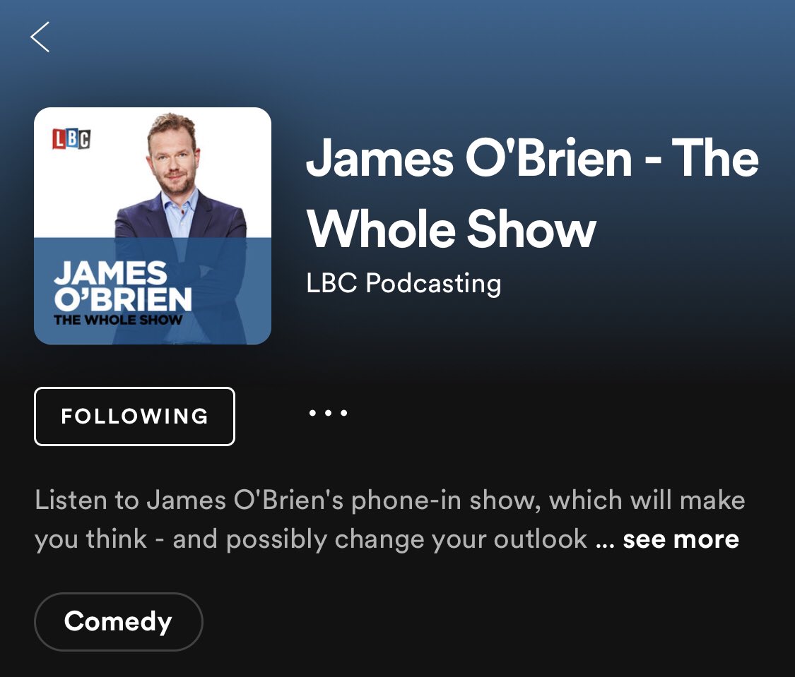 CurveballOliver's tweet photo. @mrjamesob love that you are categorised as ‘comedy’ on Spotify. (I’m a fan btw) https://t.co/HEjoGwLIfP