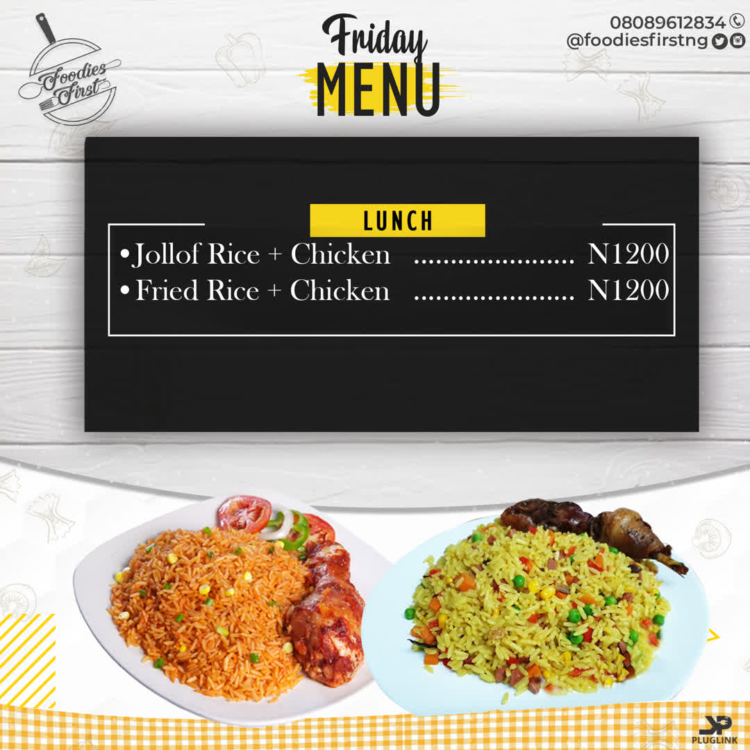 foodiesfirstng's tweet photo. It's time to place your orders for the Friday Menu. We bring you different packages involving pancakes, waffles, different types of Rice, Fries and Chicken to go with it  . Delicious and sumptuous meals for you. Order Now!!!! 
.
.
#foodiesfirst https://t.co/84ATTfXwRu