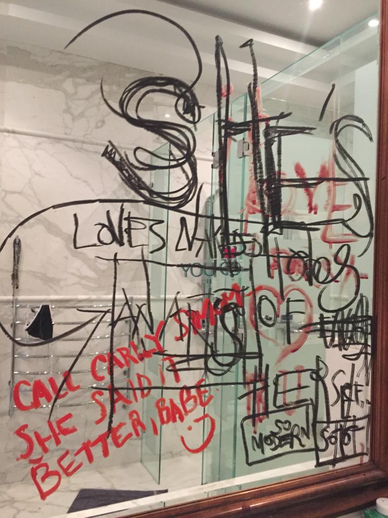 Here is the scrawling on the mirrors they were talking about.