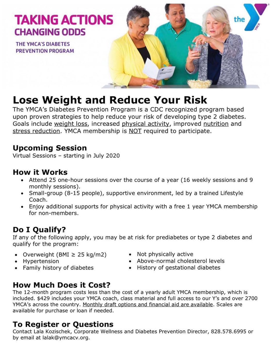 YMCACV's tweet photo. Registration is now open for our upcoming virtual Diabetes Prevention Program. For more information or to register, please contact Lala Kozischek at 828.578.6995 or by email at lalak@ymcacv.org https://t.co/ksp6N29YAh